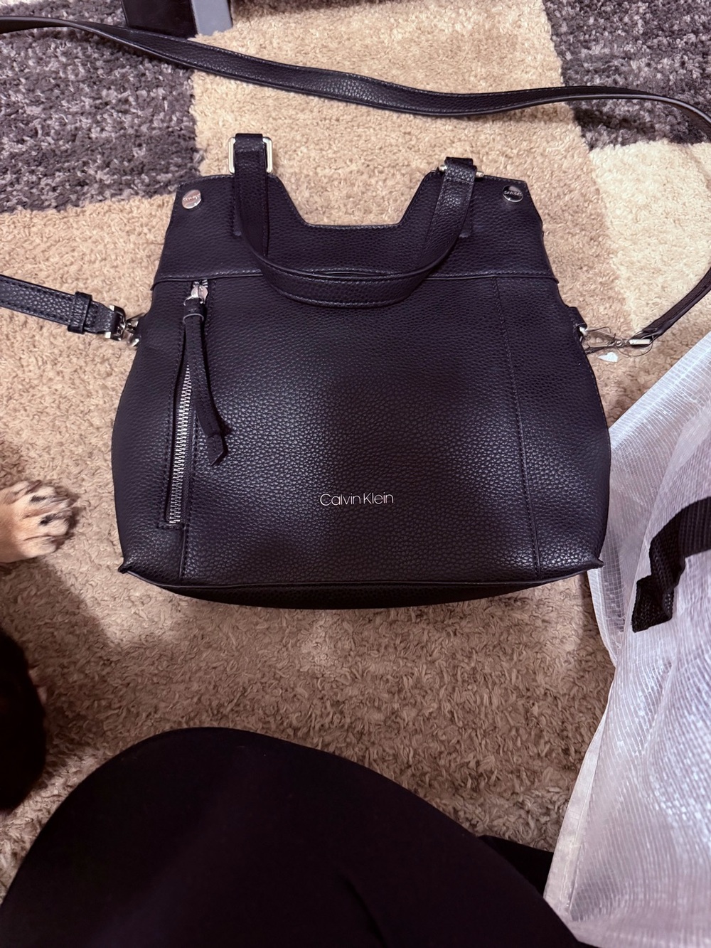 Calvin Klein Black Pebbled Leather Shoulder Tote with Crossbody Strap